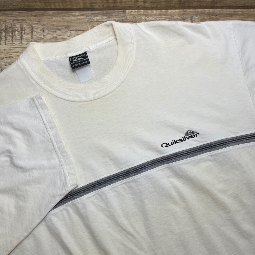 Vintage 90s Quiksilver Ecru Patina T-Shirt Made in USA Surf Skate Stripe Trashed